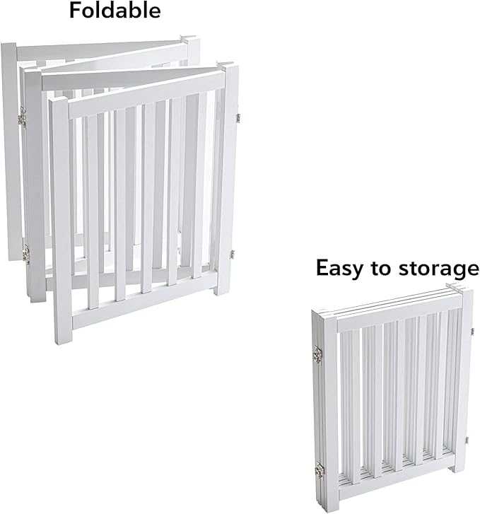 LZRS 4-Panel Wooden Free Standing Foldable Dog Gate Indoor – 24" High, Extra Wide Step-Over Safety Pet Gate for Doorways, Stairs, Hallways, Large Spaces & Playpen for Puppies Indoor Use, White