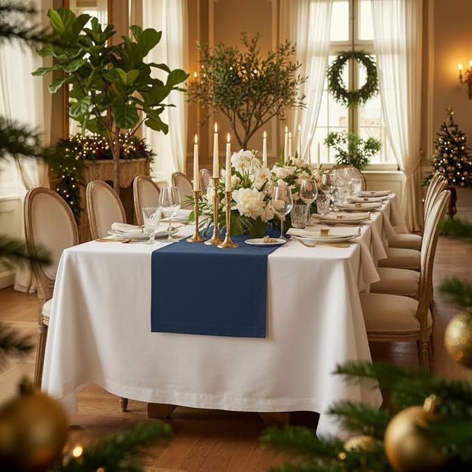 D'Moksha Homes Linen Navy Blue Table Runner 72 Inches Long - 100% Pure Linen 14 x 72 Inch Table Runner for Dining, Winter, Holiday - Machine Washable