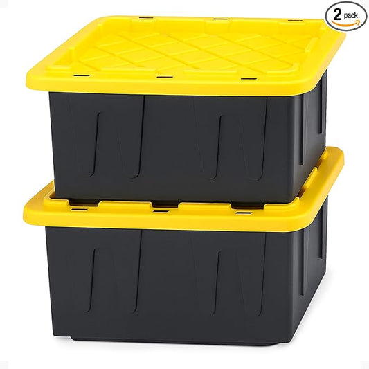 HOMZ 2-Pack Durabilt, Heavy Duty Plastic Storage Bins with Lids, 15 Gallon, Black/Yellow - Stackable Container Boxes for Home, Attic, and Garage Organization