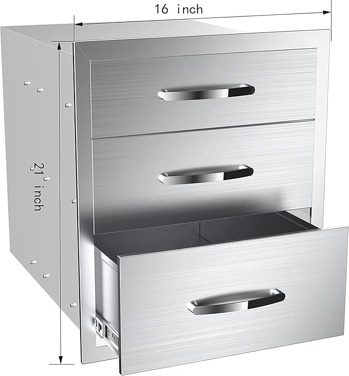 Outdoor Kitchen Drawers, Box Frame Style Flush Mount BBQ Drawer w/Stainless Steel Handle, BBQ Island Drawers For Patio Grill Station,Three Drawers