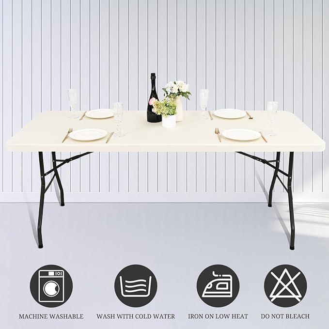 10 Pack Fitted Tablecloth for 6 Foot Rectangle Tables, Ivory Elastic Outdoor Picnic Table Cover, Washable Stretch Folding Table Cloths 6 ft for Camping Party Patio Kitchen Banquet, 30" W x 72" L