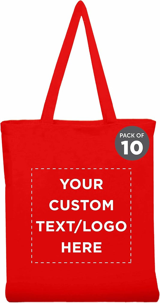 DISCOUNT PROMOS Custom Cotton Canvas Tote Bags Set of 10, Personalized Bulk Pack - Reusable, Great for Shopping, Grocery, Beach, Picnic, Wedding Favors - Red
