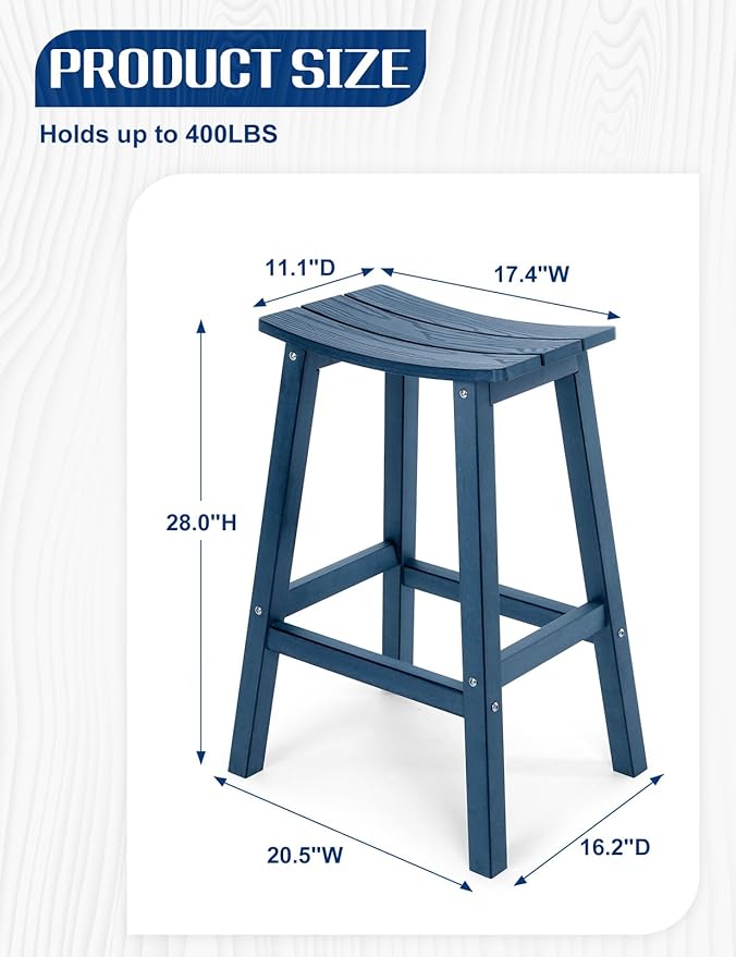 Weatherproof Bar Stools Set of 2, 28" Height Outdoor Bar Stools Holds up to 400 lbs, Saddle Seat, Bar Height Stools for Patio, Garden, and Kitchen Island, Blue