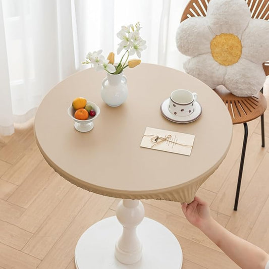 Round Fitted PU Tablecloth with High Elastic Edge 63 Inch Dia Waterproof Oil Proof Table Cloth Anti-Scald Stain-Resistant Wipeable Table Cover for Indoor Outdoor Picnic (Beige,63" Dia)