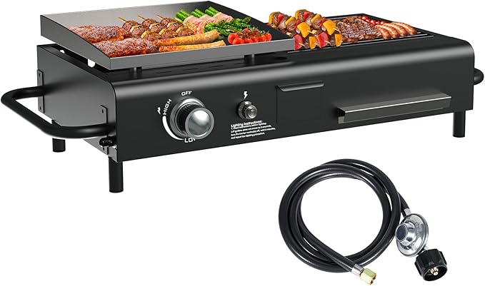 Tabletop Propane & Charcoal Grill Combo, 12,000 BTU Dual Fuel Flat Top Griddle with Dual Lids, 2 Side Shelves & Cast Iron Cooking Area – Compact BBQ Grill for Patio, Camping, and Small Outdoor Spaces