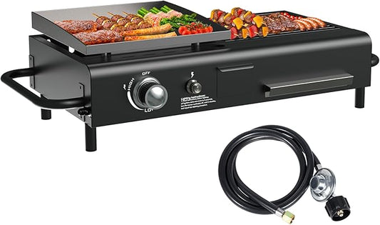 Tabletop Propane & Charcoal Grill Combo, 12,000 BTU Dual Fuel Flat Top Griddle with Dual Lids, 2 Side Shelves & Cast Iron Cooking Area – Compact BBQ Grill for Patio, Camping, and Small Outdoor Spaces