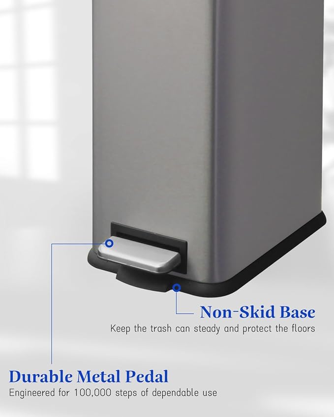 8 Gallon Trash Can with Lid, Stainless Steel Bathroom Garbage Can with Removal Inner Bucket, Soft Close Lid, Step on Trash Bin for Kitchen, Office, Laundry, 30 Liter Capacity, Kohler Grey