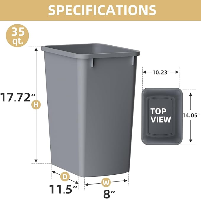 ROOMTEC 35QT Kitchen Trash Can, Sturdy and Lightweight Slim Trash Can, Trash Cans for Kitchen, Workspace, Bathroom, Office, Easy to Clean, 2-Pack, Black