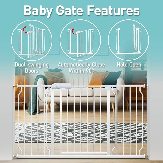 WAOWAO Baby Gate 33.86-38.55" Extra Wide Pressure Mounted Walk Through Swing Auto Close Safety White Metal Toddler Kids Child Dog Pet Puppy for Stairs,Doorways,Kitchen