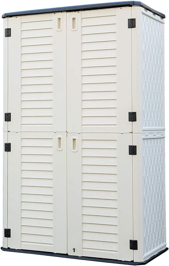 HOMSPARK Storage Shed Weather Resistance, Multi-Purpose Outdoor Storage Cabinet Waterproof, Outdoor Storage Cabinet for Garbage Cans, Lawnmower, Garden Accessories (White, Tall shed-53 cu ft)