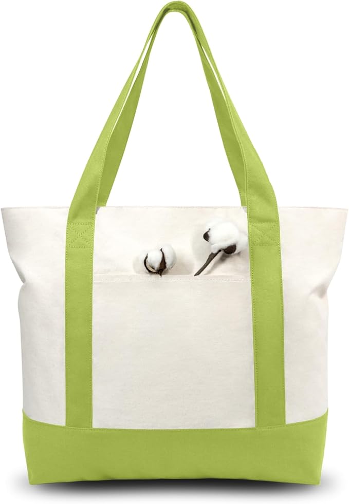TOPDesign 3-Pack Canvas Tote Bags with an External Pocket, Reusable Grocery Shopping Bags, Top Zipper Closure, Daily Essentials (Light Green/Natural)