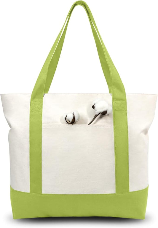 TOPDesign 6-Pack Canvas Tote Bags with an External Pocket, Reusable Grocery Shopping Bags, Top Zipper Closure, Daily Essentials (Light Green/Natural)