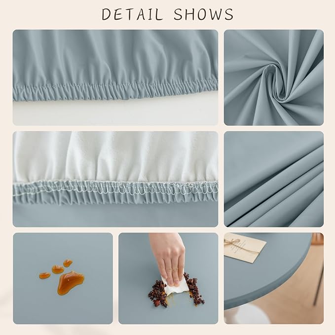 Round Fitted PU Tablecloth with High Elastic Edge 43 Inch Dia Waterproof Oil Proof Table Cloth Anti-Scald Stain-Resistant Wipeable Table Cover for Indoor Outdoor Picnic (Blue,43" Dia)