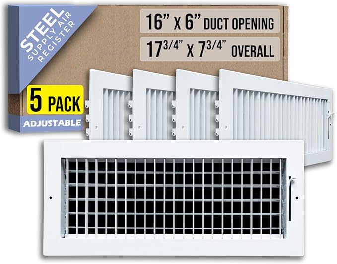 [5 Pack] Fits 16x6 Duct Opening Steel Adjustable Air Supply Grille by Handua | Register Vent Cover Grill for Sidewall and Ceiling | White | Out. Dim.: 17.75" X 7.75"