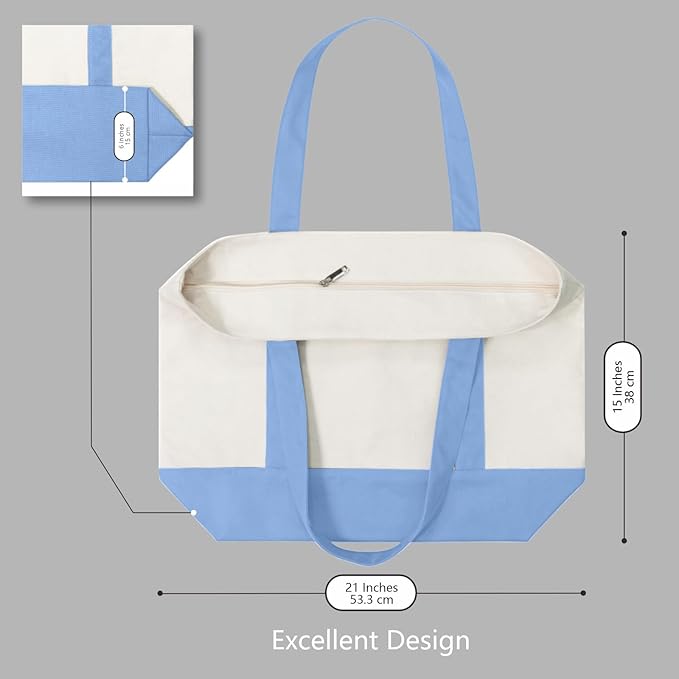 TOPDesign 1-Pack Canvas Tote Bag with an External Pocket, Reusable Grocery Shopping Bag, Top Zipper Closure, Daily Essentials (Light Blue/Natural)