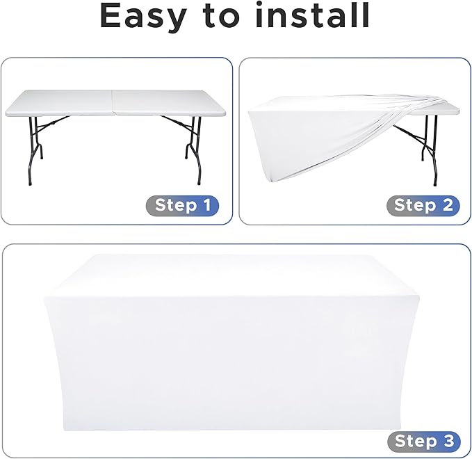 Nasitos Spandex Fitted Table Covers for 8 Foot Tables - 96 x 30 Inch - 2 Pack White Stretch Table Clothes, Fabric Rectangle Tablecloths for Parties, Trade Show, Craft Show, Birthday