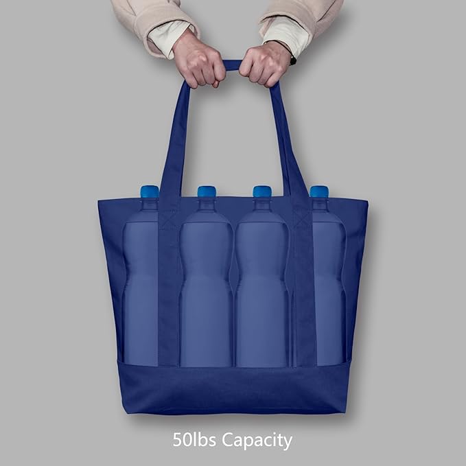 TOPDesign 1-Pack Canvas Tote Bag with an External Pocket, Reusable Grocery Shopping Bag, Top Zipper Closure, Daily Essentials (Blue)