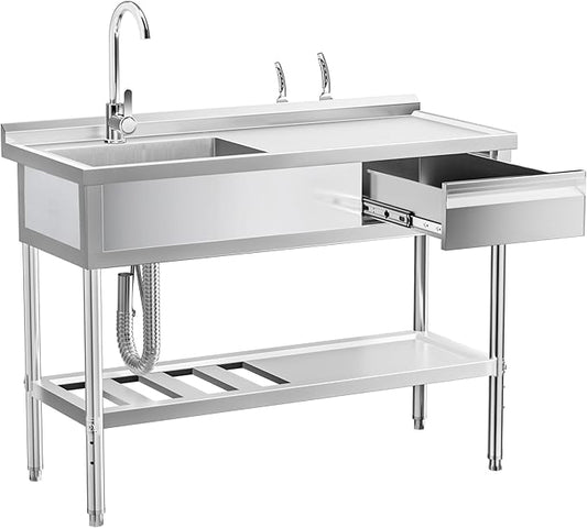 Stainless Steel Sink with Cold and Hot Water Pipes, Free Standing Single Bowl Commercial Kitchen Sink W/Workbench & Storage Shelf, Faucet For Laundry Room, Farmhouse, Indoor/Outdoor(47 inch)