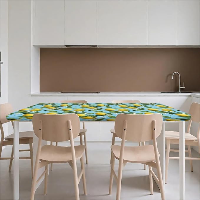 Rectangle Table Cloth Cover Waterproof Elastic Fitted Polyester Fitted Tablecloths for 8 Foot Tables for Indoor,Picnic, Camping, Outdoor （96" x 30"，Lemon）
