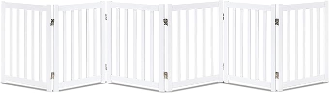 LZRS 6-Panel Extra-Wide Freestanding Wooden Dog Gate Indoor – 24”High Foldable Safety Pet Barrier for Doorways, Hallways, Kitchens, and Long Staircases, Durable Design fit Small to Medium Dogs, White