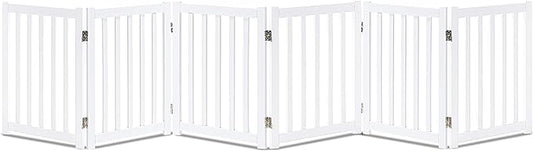 LZRS 6-Panel Extra-Wide Freestanding Wooden Dog Gate Indoor – 24”High Foldable Safety Pet Barrier for Doorways, Hallways, Kitchens, and Long Staircases, Durable Design fit Small to Medium Dogs, White