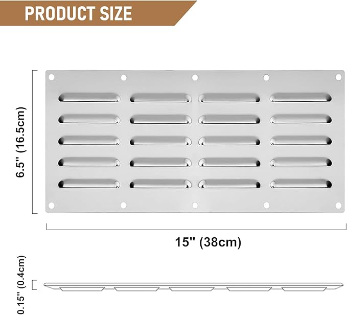 2 Pack Stainless Steel Venting Panel for Grill Accessory, 15" by 6-1/2" Stainless Steel Venting Panel for Masonry Fire Pits Fireplaces, Metal Vent Cover for Outdoor Kitchens