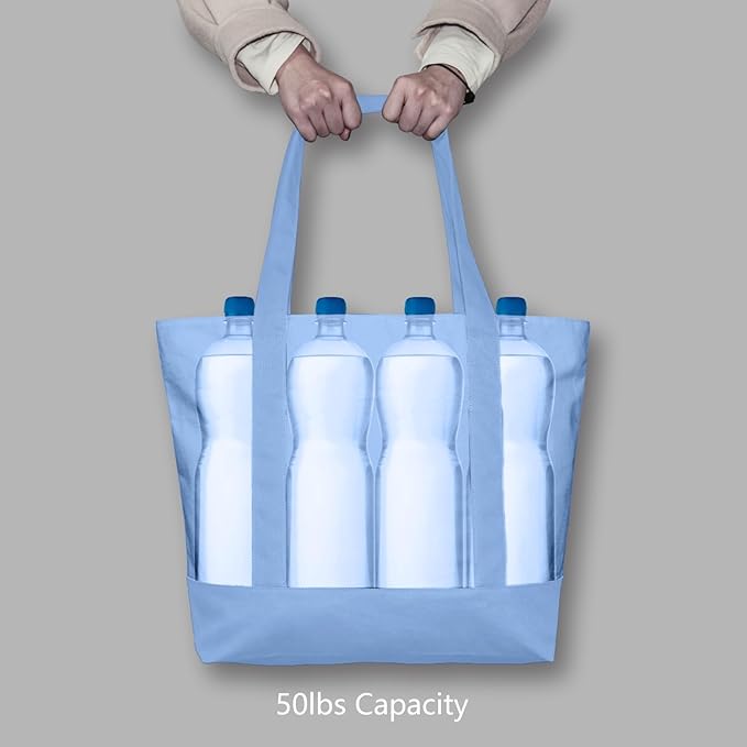 TOPDesign 3-Pack Canvas Tote Bags with an External Pocket, Reusable Grocery Shopping Bags, Top Zipper Closure, Daily Essentials (Light Blue)
