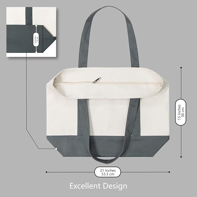 TOPDesign 3-Pack Canvas Tote Bags with an External Pocket, Reusable Grocery Shopping Bags, Top Zipper Closure, Daily Essentials (Grey/Natural)