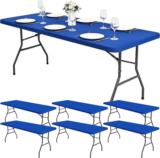 6 Pack Stretch Fabric Table Top Cap Cover, fits 8Ft Tables, Spandex Table Covers Washable Elastic Universal Rectangle Tablecloth Protector for Outdoor Party Picnic Wedding, Royal Blue, 30" W x 96" L