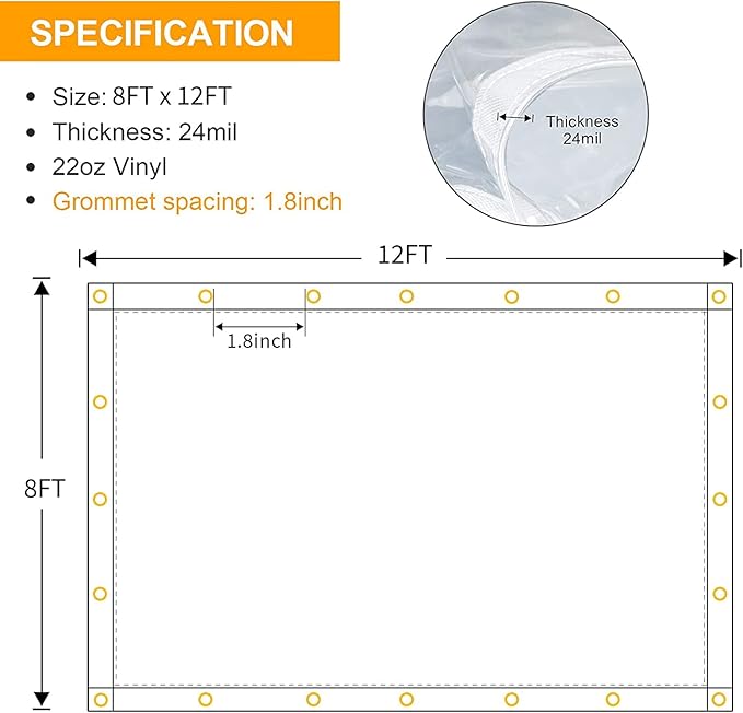 8 x 12FT Outdoor Clear Tarp Curtain Waterproof Wind-Proof 24 Mil Transparent Vinyl Tarp for Patio Pergola Garden Canopy Rainproof Anti-Tear PVC Thick Cover with Grommets