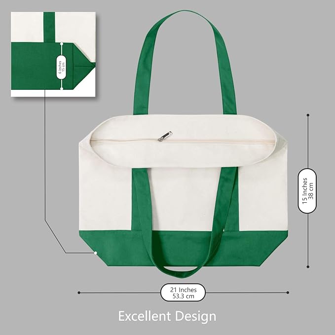 TOPDesign 6-Pack Canvas Tote Bags with an External Pocket, Reusable Grocery Shopping Bags, Top Zipper Closure, Daily Essentials (Green/Natural)