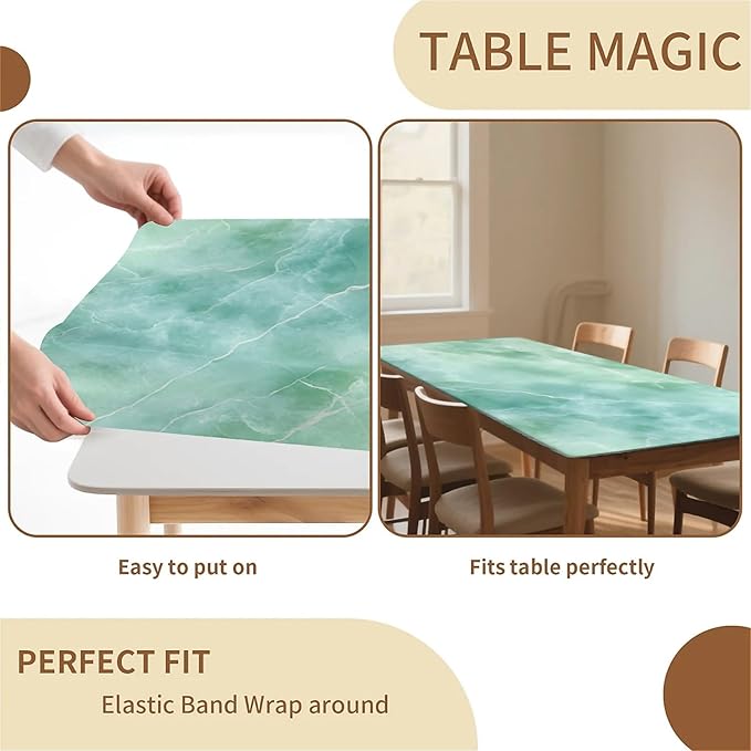 Rectangle Table Cloth Cover Waterproof Elastic Fitted Polyester Fitted Tablecloths for 4 Foot Tables for Indoor,Picnic, Camping, Outdoor （48" x 30"，Green Marble）