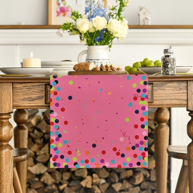 Artoid Mode Polka Dot Pink Happy Birthday Table Runner, Seasonal Kitchen Dining Table Decoration for Home Party Decor 13x72 Inch