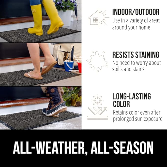 GORILLA GRIP 100% Waterproof All-Season WeatherMax Doormat, 72x24, US Designed Natural Rubber, Stain and Fade Resistant, Low Profile Indoor Outdoor Door Mats, Easy Clean Patio Mat, Gray Diamond
