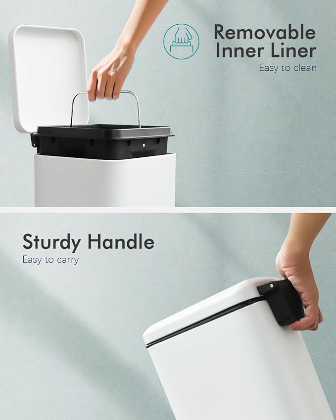 Bathroom Trash Can with Lid, 6 Liter / 1.6 Gallon Small Trash Can with Removable Liner Bucket, Soft Close lid & Step Pedal, White Stainless Steel Garbage Can for Bedroom, Office