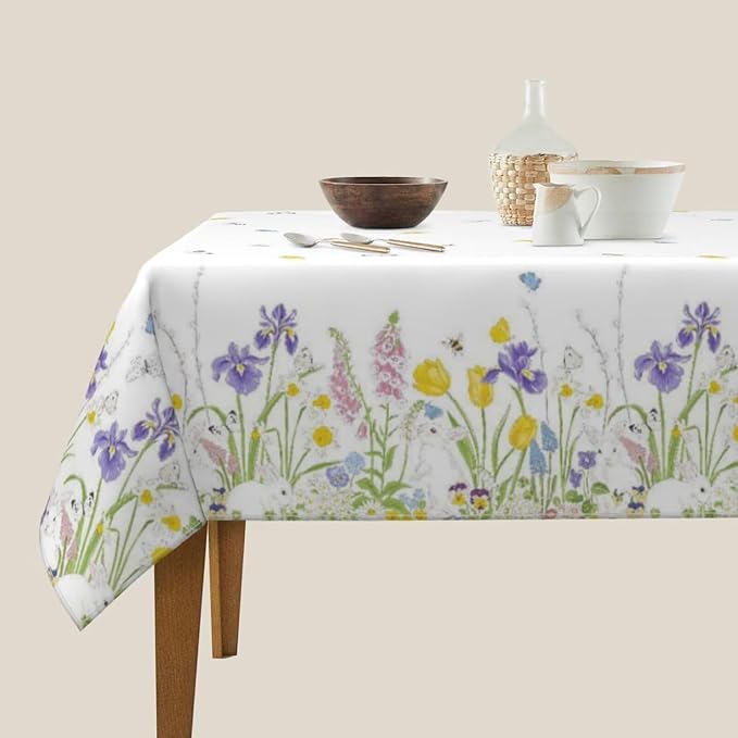 Spring Easter Tablecloth 54 x 54 Inch Square, Bunny Colorful Flower Butterfly Decorative Tablecloths Stain Resistance Polyester Rabbit Floral Table Cloth for Holiday Parties Kitchen Dining