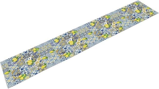 Farmhouse Rustic Lemon Table Runner,Vintage Morocco Blue Tiles Mediterranean Summer Fruit Print Table Runner for Kitchen Dining Table Home Party Decor 13x60in