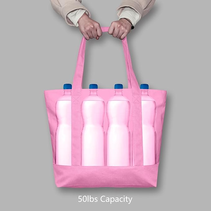 TOPDesign 3-Pack Canvas Tote Bags with an External Pocket, Reusable Grocery Shopping Bags, Top Zipper Closure, Daily Essentials (Pink)