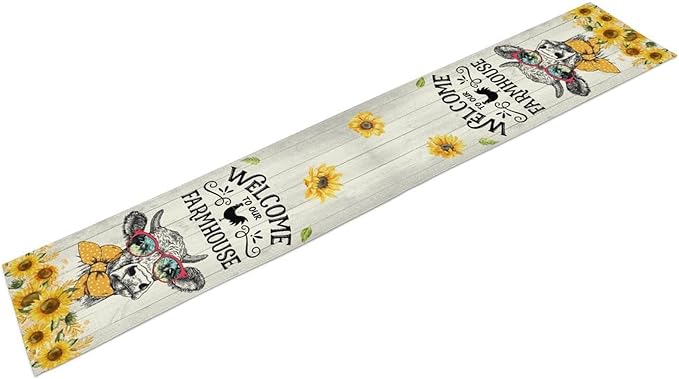 Farmhouse Cow Table Runner, Rustic Yellow Sunflower Floral Buffalo Animals Spring Coffee Farm Table Center Decor for Family Kitchen and Living Room Country Holiday Party Table Decorations, 13" X 72"