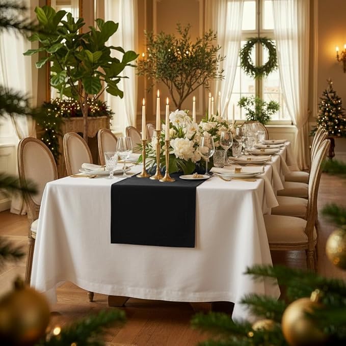 D'Moksha Homes Linen Black Table Runner 144 Inches Long - 100% Pure Linen Extra Long Table Runner 14 x 144 Inch for Winter, Holiday - Machine Washable