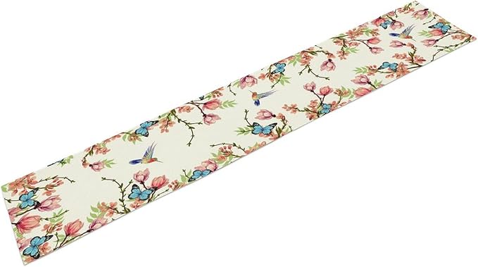 Spring Flower Table Runner, Seasonal Rustic Garden Flowers Bird Butterfly Print Table Runner for Home Kitchen Table Decor, 13x70inch