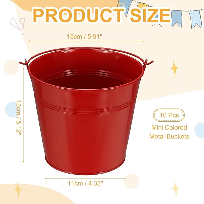 Small Metal Buckets, Mini Buckets with Handle Galvanized Colored Tin Pail Containers Basket Party Supplies - Fit for (Halloween - Classroom Crafts) 6" & 10Pcs & Red