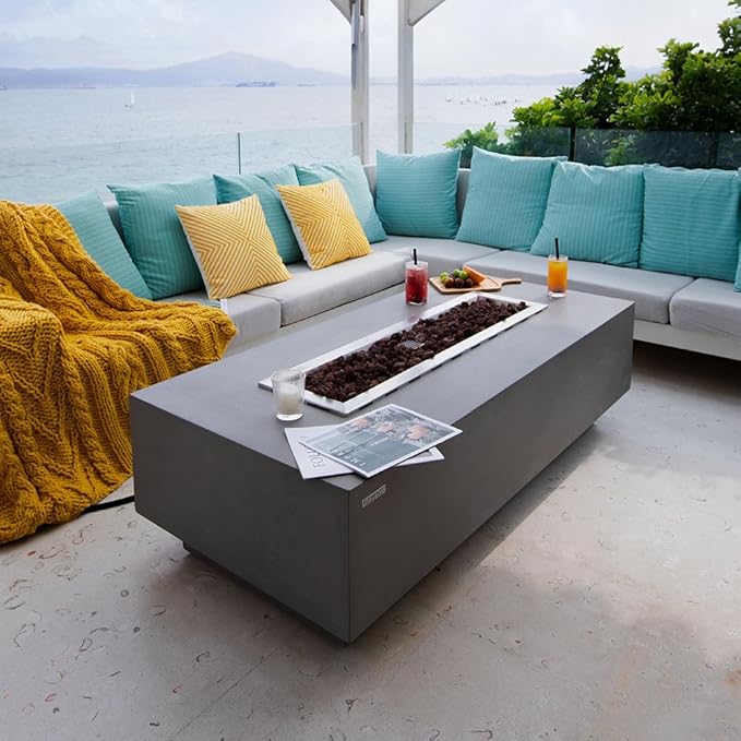 Granville Concrete Fire Pit 60" x 27" Outdoor Patio Firepit Includes Lava Rocks Modern Fire Pits & Outdoor Fireplaces for Garden, Deck, Indoor & Outdoor Heating