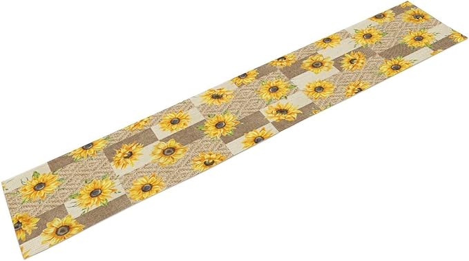 Farmhouse Sunflower Table Runner, Rustic Vintage Linen Patchwork Summer Yellow Floral Table Cover for Bithday Party Home Kitchen Dining Room Decor, 13x108inch