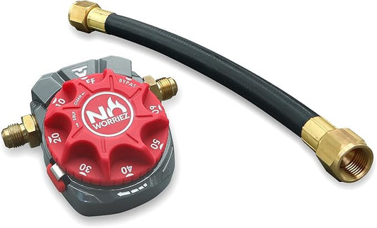 NO WORRIEZ Bypass Safety Auto Shut-Off Gas Timer for Propane & Natural Gas | Outdoor Grill, Fire Pit, Pizza Oven | – 100,000 BTU w/ 3/8" Flared Connector & Hose, Patent Pending