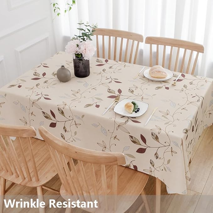 TruDelve Heavy Duty Vinyl Tablecloth Beige Plastic Table Cloth Waterproof Wipeable Oilcloth Table Cloth Rectangle Table (54'' x 78'', Leaves)