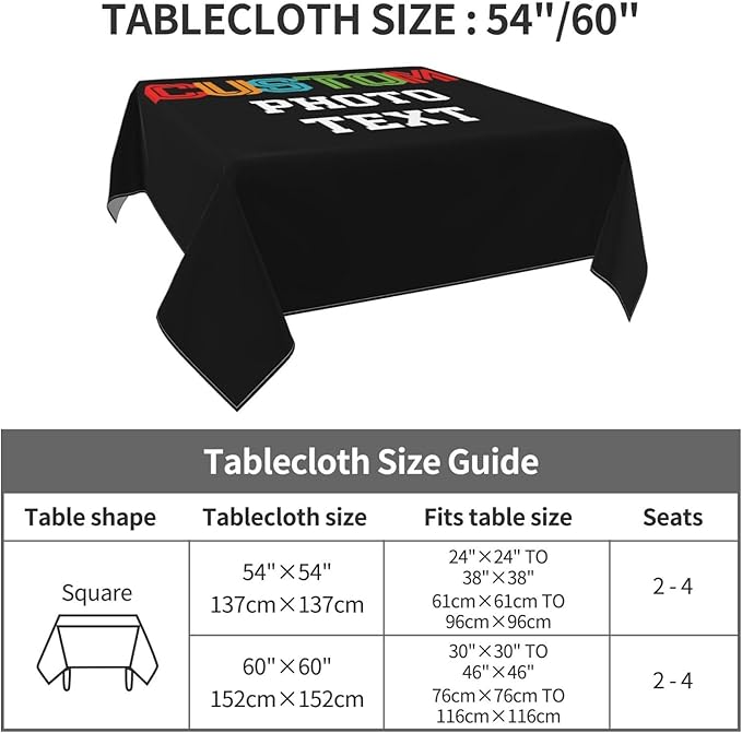 Custom Square Tablecloth, Design Your Logo Text Photo, Personalized Oil Proof Wipeable Table Cover for Restaurant, Family Party, Picnic, Wedding Anniversary Decoration, 54in