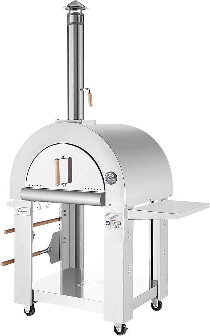Empava Commercial-Style Pizza Oven Outdoor with Side Panel and Wheels, Wood Fired for Grill & Outside Camping Backyard Party in Stainless Steel,33 Inch, Silver