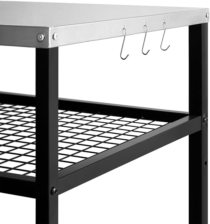 Stainless Steel Grill Cart with Cover Pizza Oven Stand with Water-proof Cover Trolley Table with Wheels Three-Shelf Movable Food Prep and Work Table Heavy Duty Grill Cart Outdoor 31.5"×24"×35.5"