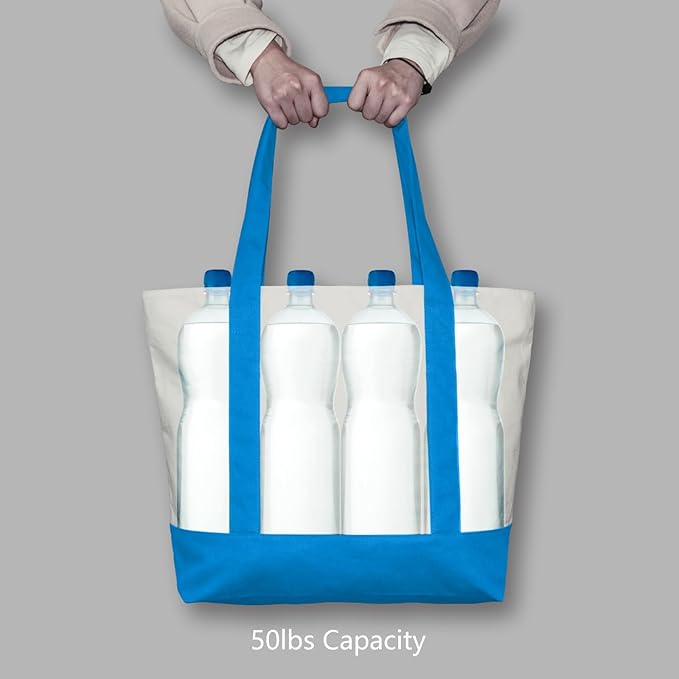 TOPDesign 3-Pack Canvas Tote Bags with an External Pocket, Reusable Grocery Shopping Bags, Top Zipper Closure, Daily Essentials (Ocean Blue/Natural)